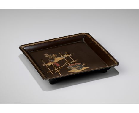 A BLACK LACQUER SQUARE TRAYJapan, 19th century, Edo period (1615-1868)Of square form, supported on four bracket feet, the eve