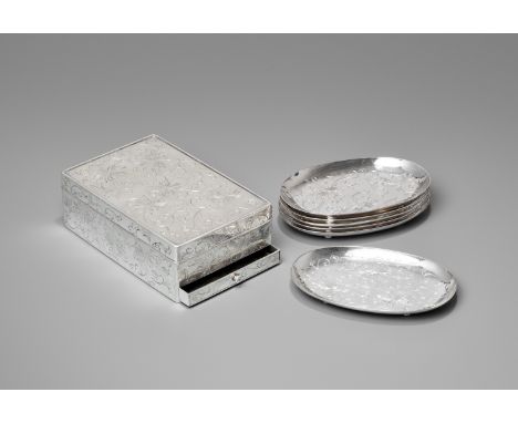 HIRATA SHIGEMITSU: A SET OF SILVER BOX AND COVER AND SIX SILVER TRAYSBy Hirata Shigemitsu (1855-1926), signed Shigemitsu with