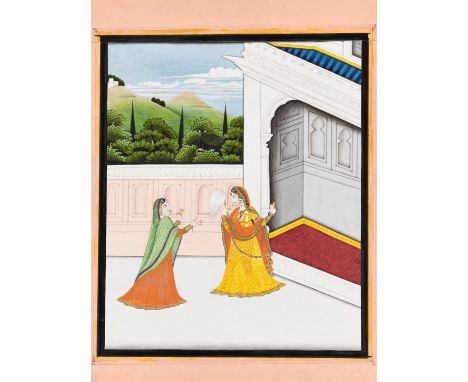 AN INDIAN MINIATURE PAINTING OF A NAYIKA AND HER SAKHIPahari, early 19th century. Ink, gilt, and watercolors on paper. The he