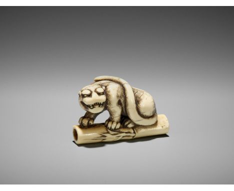 A POWERFUL KYOTO SCHOOL IVORY NETSUKE OF A TIGER ON BAMBOOUnsignedJapan, Kyoto, late 18th to early 19th century, Edo period (