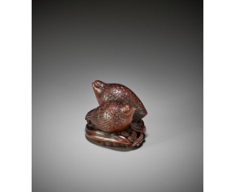 OKATOMO: A RARE STAINED WOOD NETSUKE OF TWO QUAILS ON MILLETBy Okatomo, signed Okatomo 岡友Japan, Kyoto, early 19th century, Ed