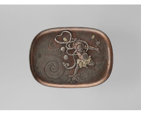 A GILT AND SILVERED COPPER TRAY DEPICTING RAIJINJapan, Meiji period (1868-1912)Of oval form, the interior cast in relief with
