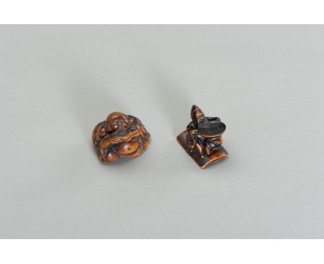 TWO WOOD NETSUKE OF SAKE DRINKERSJapan, 18th - 19th century, Edo period (1615-1868)The first depicting Hotei, wearing a loose