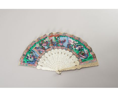 A CANTON IVORY BRISE (FOLDING) FANChina, ca. 1880. The Cantonese fan with thirteen delicately carved ivory sticks of almost t