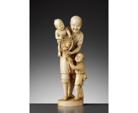 A LARGE AND IMPRESSIVE IVORY OKIMONO OF A FAMILY FISHING FOR TURTLESSigned with a kakihanJapan, Meiji period (1868-1912)The l