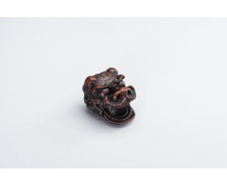 A LARGE WOOD MASK NETSUKE OF A SHISHI HEADJapan, 19th centuryThe impressive wood netsuke mask depicting a delicately carved s