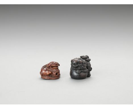 TWO WOOD NETSUKE OF SHISHISignedJapan, 19th centuryOne shishi is pouncing on a large half-spherical base while the other is s