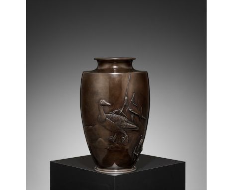 TOSHITSUGU: A FINE AND LARGE BRONZE VASE WITH GOOSE AND WATER REEDS By Toshitsugu, signed ToshitsuguJapan, Meiji period (1868