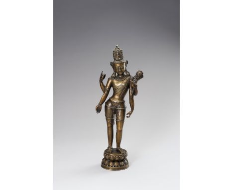 A VERY LARGE BRONZE FIGURE OF PADMAPANINepal, 20th century. Cast standing on a circular double lotus base, richly adorned wit