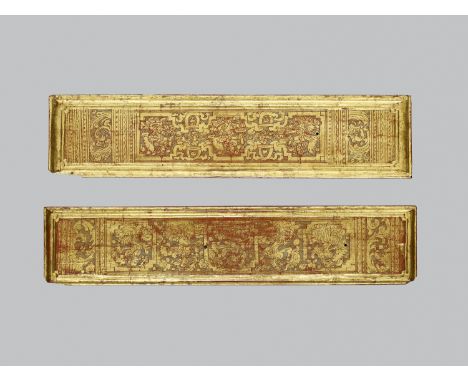 TWO BURMESE DRY-LACQUERED WOOD KAMMAVACA MANUSCRIPT COVERS, 19TH CENTURYBurma, 19th century. The manuscript covers with red a
