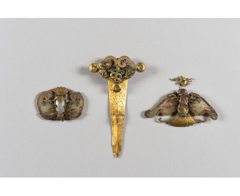 A CHARMING GROUP OR THREE HAIR ORNAMENTSChina, Qing Dynasty (1644-1912). Three hair ornaments made from gilt metal and set wi