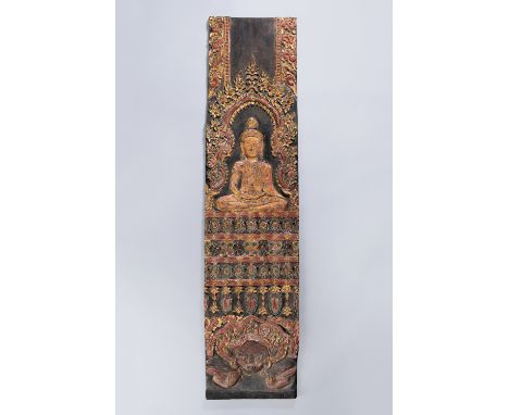 A LARGE CARVED WOOD PANEL DEPICTING BUDDHACambodia, Oudongk, Post Angkor period (1618-1863). Deeply carved with Buddha seated