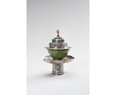 A SILVER AND JADE BUTTER TEA SETTibet, the silver parts date to 19th century, the jade bowl dates to the first half of the 20