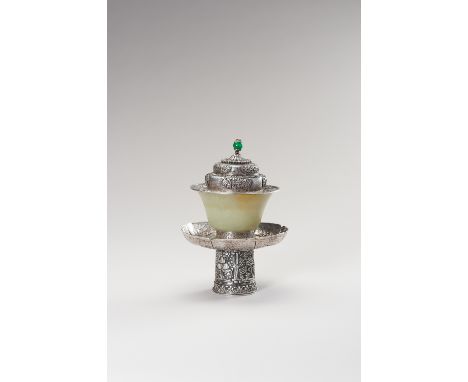 A SILVER AND CELADON JADE BUTTER TEA SETTibet, the silver parts date to 19th century, the jade bowl dates to the first half o