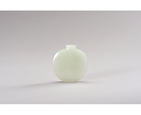 A WELL-HOLLOWED FLAT WHITE JADE SNUFF BOTTLEChina, late Qing Dynasty (1644-1912) to Republic period (1912-1949). Of globular 