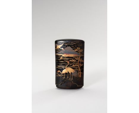 A FINE LACQUERED TORTOISESHELL CASE WITH MOUNT FUJI AND CRANESJapan, 19th centuryThe lacquered tortoiseshell case, depicting 