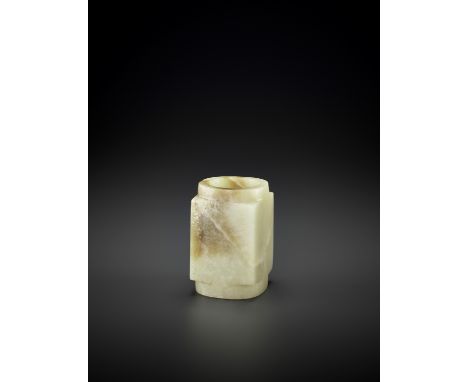 A SMALL WHITE JADE CONG, QIJIAJade. China, Qijia Culture, c. 2200-1600 BCThe geometric simplicity of this miniature cong rend