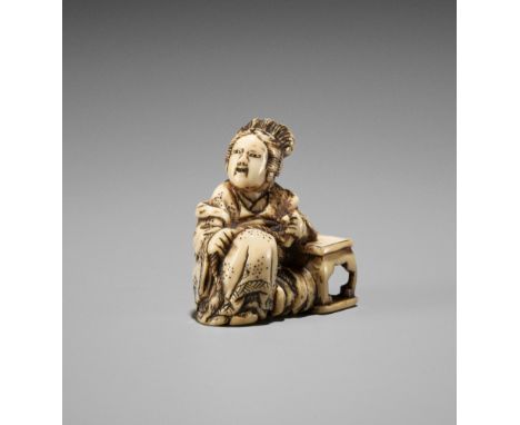 A SMALL IVORY NETSUKE OF A FEMALE IMMORTALJapan, Edo (Tokyo), first half of 19th century, Edo period (1615-1868)Depicting a s