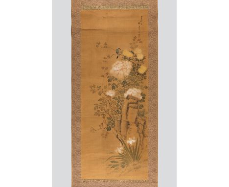 A SCROLL PAINTING OF A BLUEBIRD AND FLOWERSChina, late 19th century to early 20th century, late Qing to RepublicFinely painte