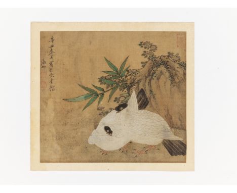'PAIR OF DOVES' BY ZHANG CHONG (c. 1628-1652)Ink and watercolors on silk. Finely painted in the court style of the Song dynas