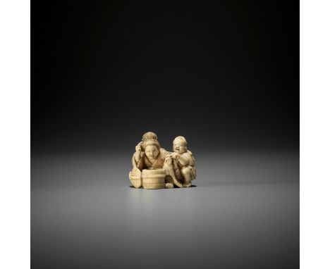 ONO RYOKO: A TOKYO SCHOOL IVORY NETSUKE OF A BIJIN AND CHILDBy Ono Ryoko, signed RyokoJapan, Edo/Tokyo, late 19th centuryPubl