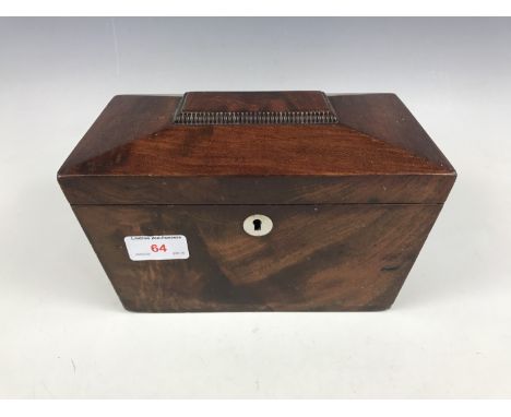 A George IV sarcophagus form mahogany two compartment tea caddy 