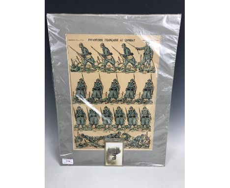 A First World War French print / poster entitled Infanterie Francaise au Combat, together with a Cartes de Visite depicting a