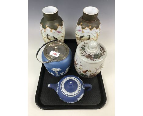 A pair of Victorian enamelled glass oviform vases together with a similar biscuit barrel and a Dudson jasperware biscuit barr