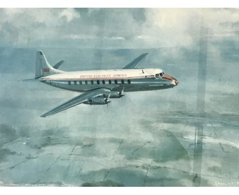 After Edmund Miller (b.1929) A signed print showing a Vickers Viscount 701, framed under glass