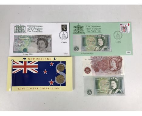 Queen Elizabeth II numismatic first day cover banknotes, including the "Last Day of Issue One Pound Note", "First Day of Issu