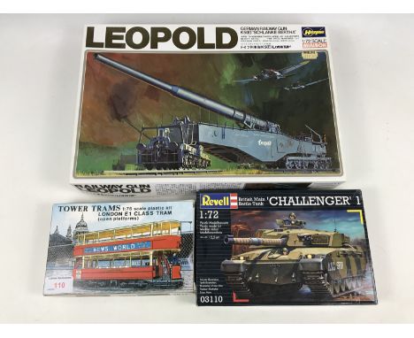 A Hasegawa scale model of a Leopold gun together with a Revell challenger '1' and a Tower Trams model