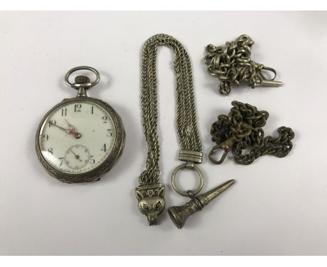 A late 19th Century Swiss white-metal pocket watch, having a ruby cylinder escapement, together with three watch chains and a