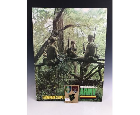 A Rhodesian army recruitment poster together with three Rhodesian army flashes