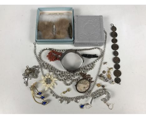 Vintage costume jewellery, including a branch coral bracelet, a coin bracelet and a white-metal hinged bangle, together with 