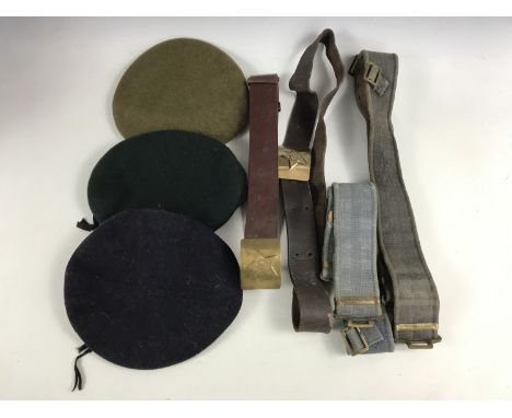 Sundry army berets together with Russian and other waist belts 