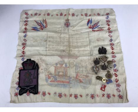 A First World War patriotic printed handkerchief together with sundry military insignia