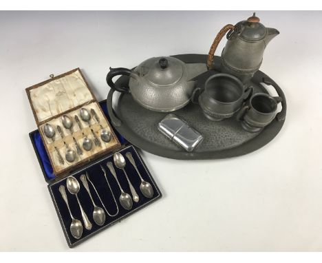 A 1920s "Castle Pewter" part tea service and tray, together with a similar teapot, two cased sets of electroplate spoons and 