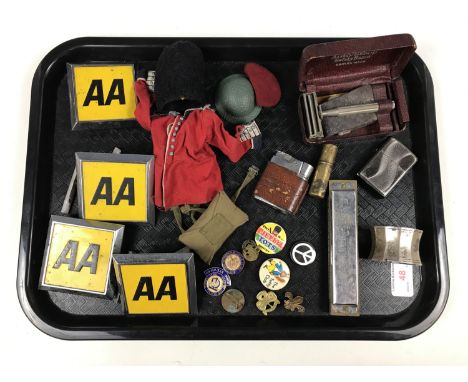 Sundry collectors' items including four AA badges, enamelled badges, lighters, razors and a harmonica etc