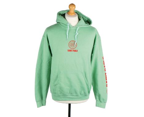 Ed Sheeran's Saint Pablo green hoodie with red print, size medium. All of the Ed Sheeran Collection has come from Ed Sheeran 