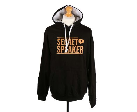Ed Sheeran's black hoodie, printed "SECRET SPEAKER" with depiction of a keyhole, size large. All of the Ed Sheeran Collection