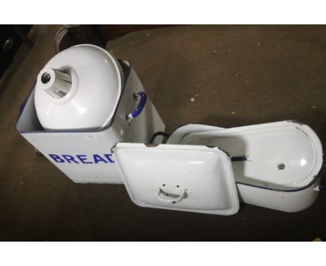 A BLUE AND WHITE ENAMEL BREAD BIN, LIGHT FITTINGS ETC