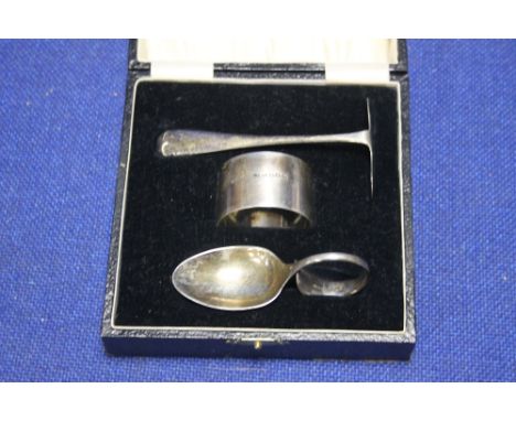 A CASED HALLMARKED SILVER SPOON, NAPKIN RING ETC