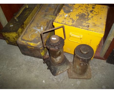 THREE TOOL BOXES OF TOOLS AND 2 BOTTLE JACKS