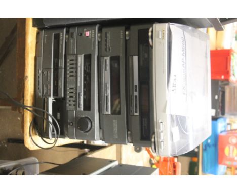 A STACKING AKAI SOUND SYSTEM WITH TWIN CASSETTE DECK, AMPLIFIER , SYNTHESISER, WITH AIWA RECORD DECK, NO SPEAKERS 