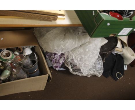 LARGE BOX OF GLASS AND CHINA TOGETHER WITH A VINTAGE SUITCASE . CLOTHES WAISTCOAT , GLOVES, SHOES ETC INCLUDING A WICKER HAMP
