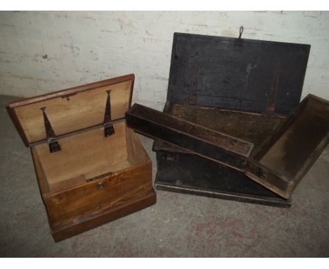 TWO WOODEN ANTIQUE CARPENTERS TOOL BOXES 1 WITH KEY AND LOCK