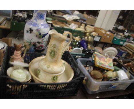 FIVE TRAYS TO INCLUDE COPPER AND GLASS BOWLS, NUTCRACKER, LIGHT FITTINGS, CASTROL OIL TIN, CHILDRENS GAMES, BRASS LAMP BASE, 