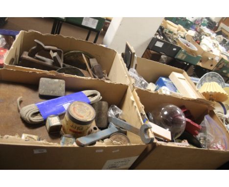 FOUR BOXES CONTAINING VINTAGE TOOLS, PICTURES, RADIOS, COACH LAMP ETC (TRAYS NOT INCLUDED )