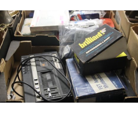 TWO TRAYS CONTAINING A FERGUSON CASSETTE PLAYER,  FET ANALOG MULTI TESTER , REVERSING LAMP , HALLINA CAMERA , SEWING BOX WITH