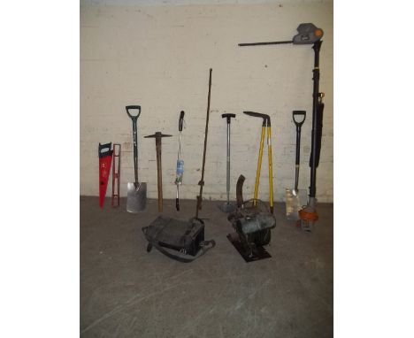 A SELECTION OF GARDEN TOOLS TO INCLUDE A DONKEY ENGINE